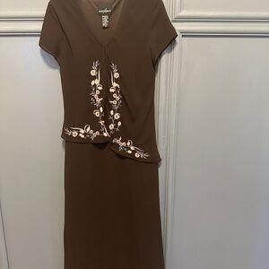 Positive Attitude Brown Midi Dress with Pink Floral Embroidery